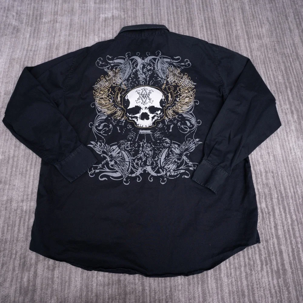 Avirex Button Up Shirt Mens XL Black Good Skull Graphic Long Sleeve Epaulets